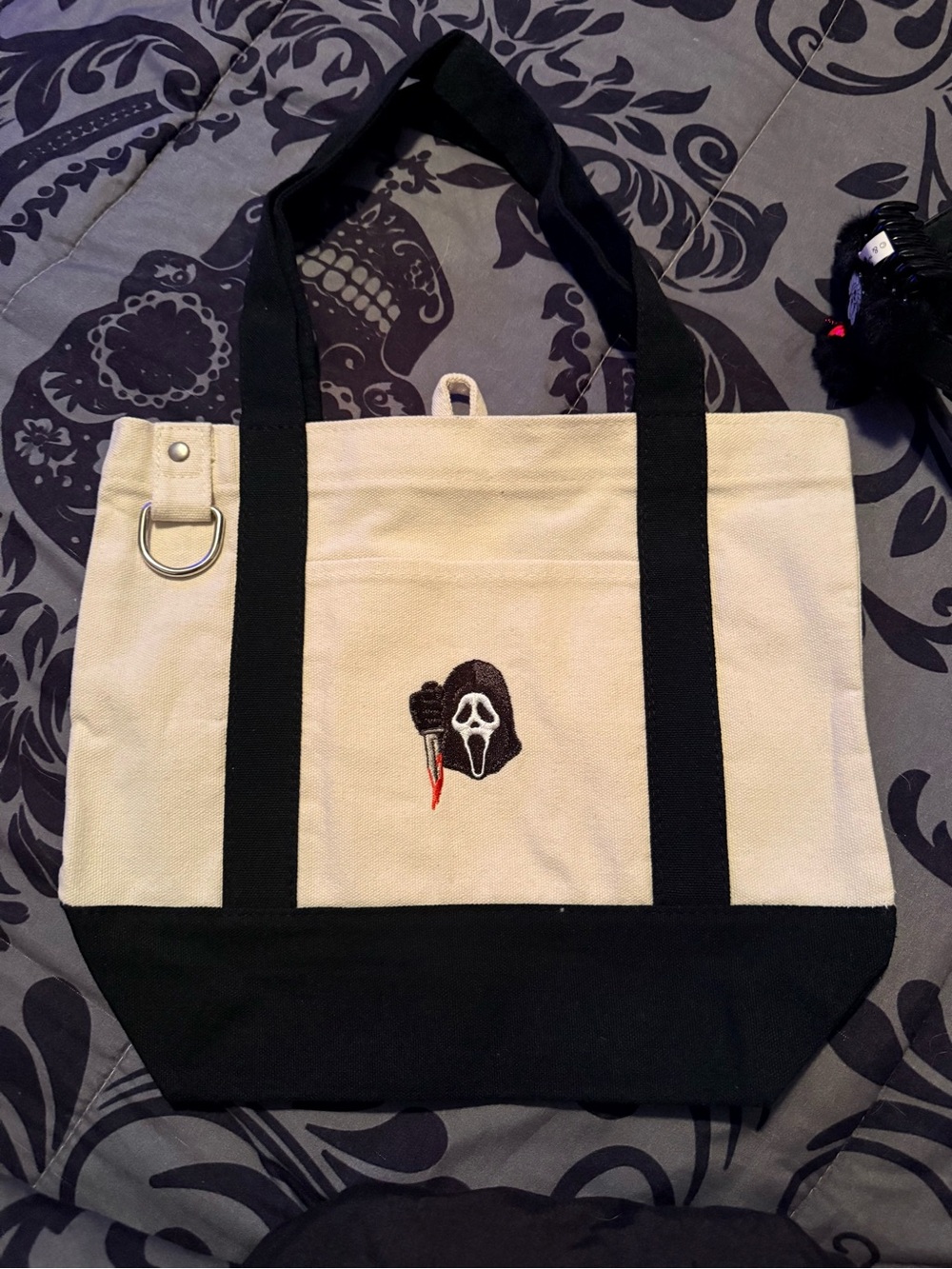 Canvas Two-Tone Tote Bag with Embroidered Ghostface Graphic